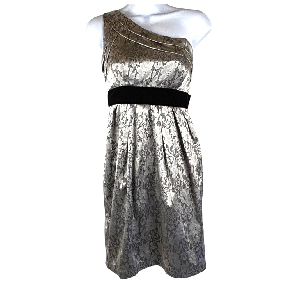 Black Silver Lace One Shoulder Dress Sz 7 Formal Cocktail Party Regency Coquette